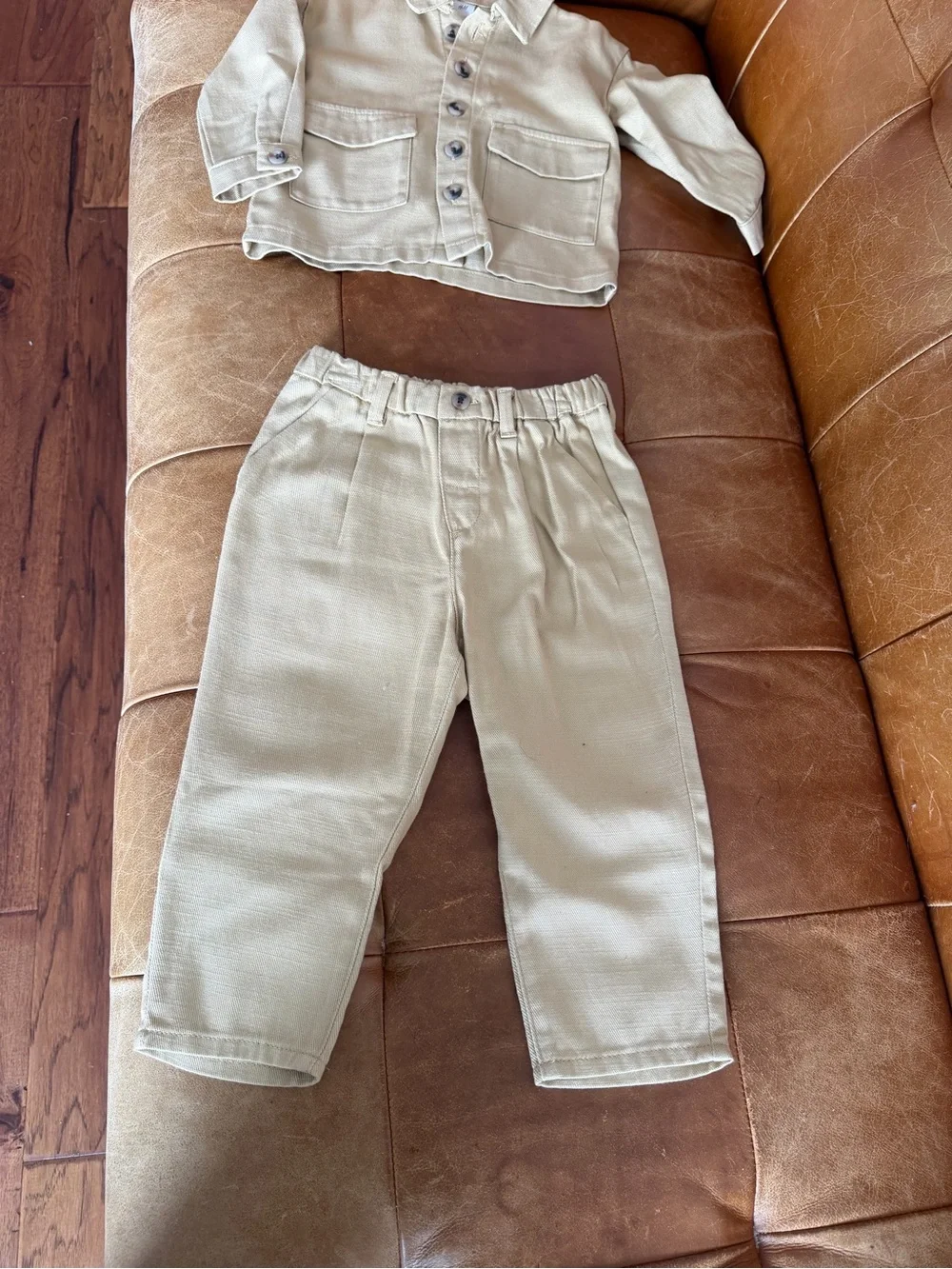 Kids Neutral Cream Button-Front Pants Set